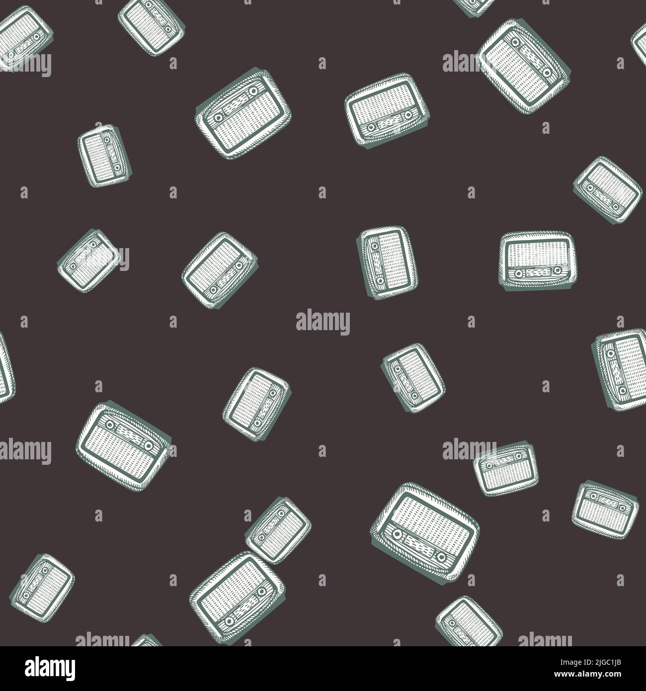 Retro radio engraved seamless pattern. Vintage media equipment in hand