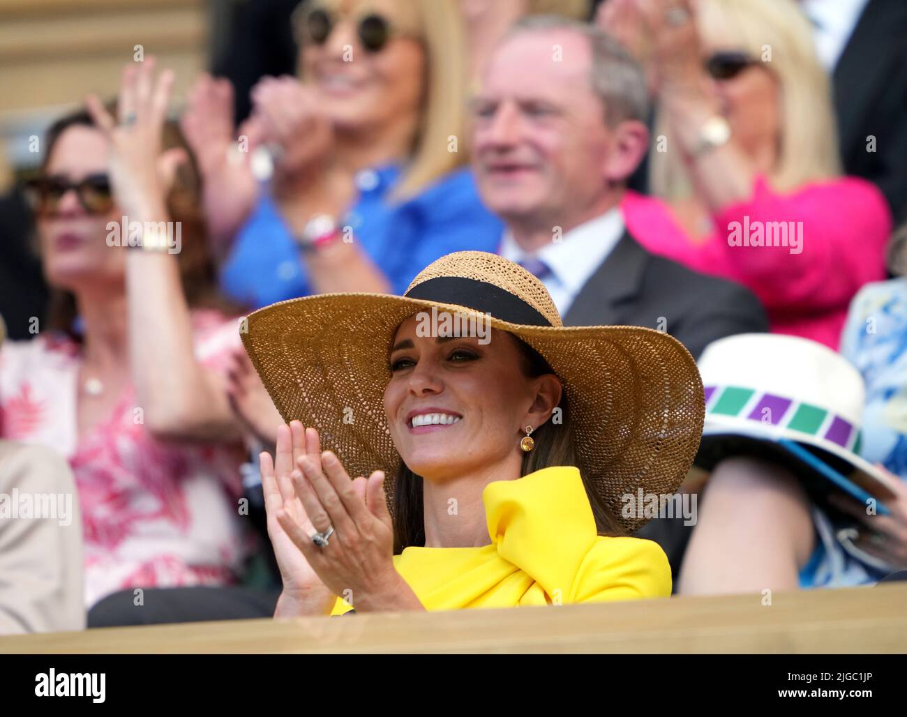 The Duchess of Cambridge in the Royal Box on day thirteen of the 2022 Wimbledon Championships at the All England Lawn Tennis and Croquet Club, Wimbledon. Picture date: Saturday July 9, 2022. Stock Photo
