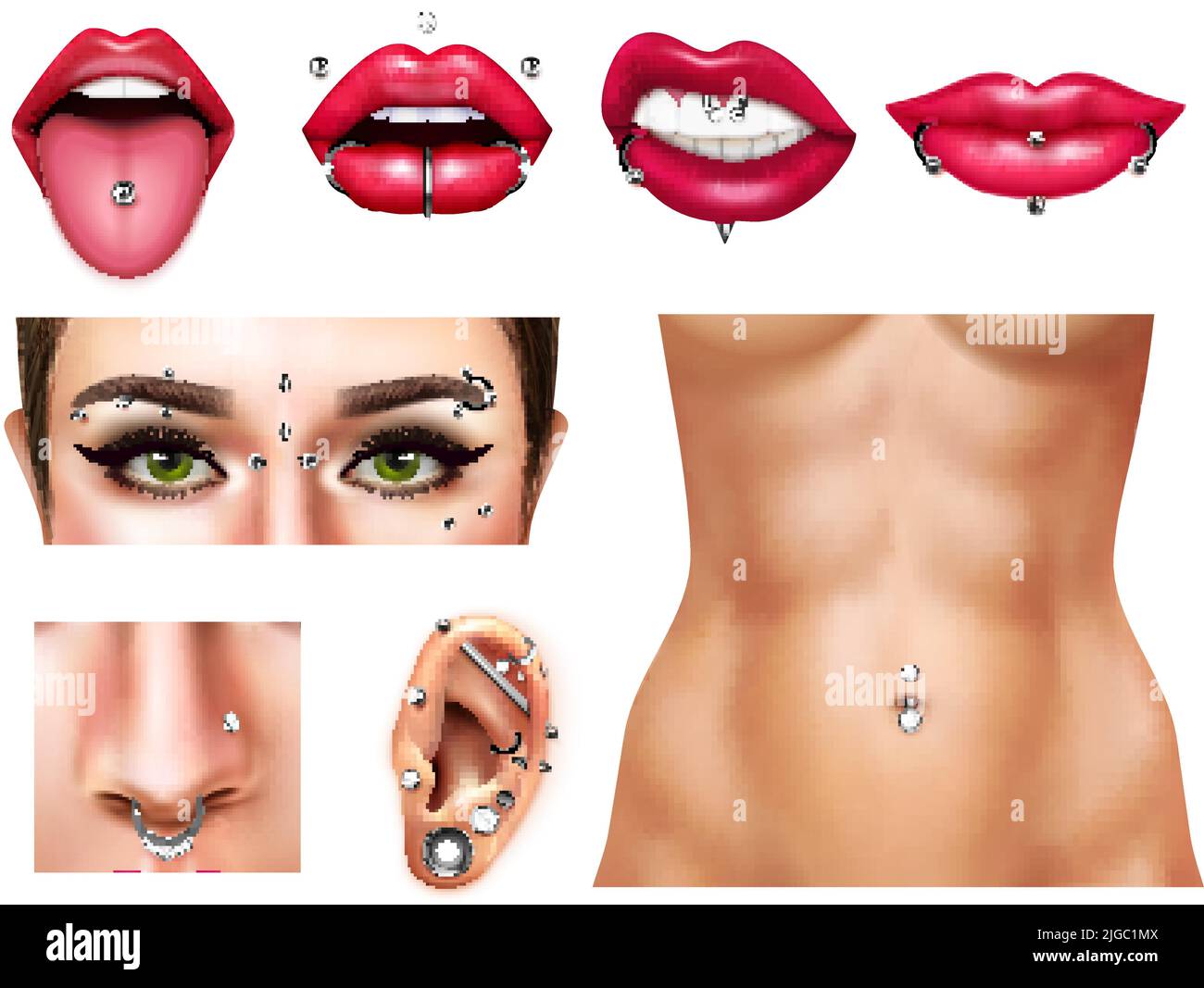 Body and face piercing realistic set with pierced female nose eyebrow lips ear belly button tongue isolated vector illustration Stock Vector