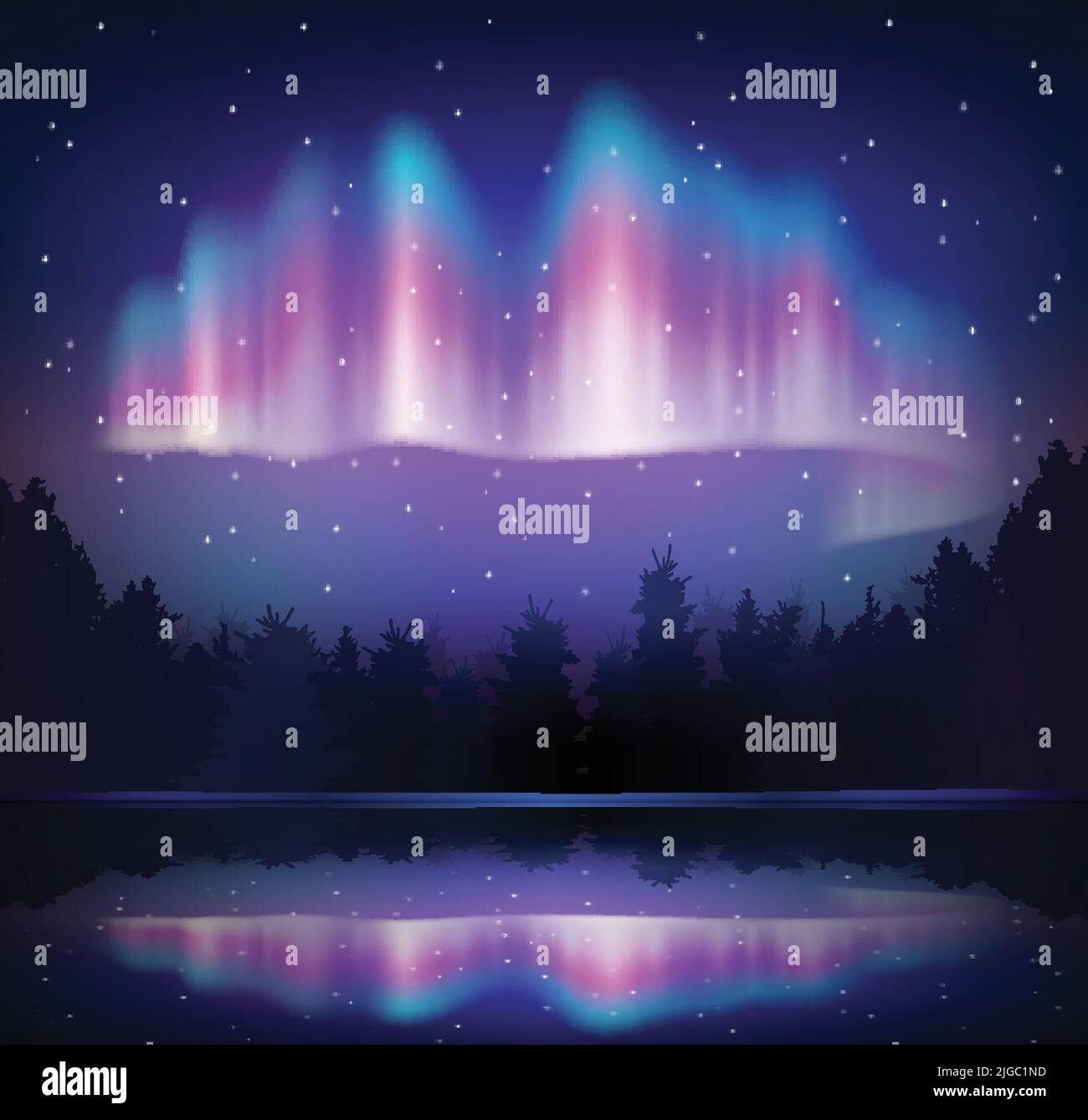 Northern lights reflected in forest lake night colored composition realistic vector illustration Stock Vector