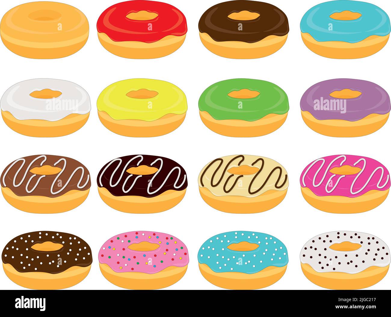 Collection of sweet doughnuts with different frostings and toppings