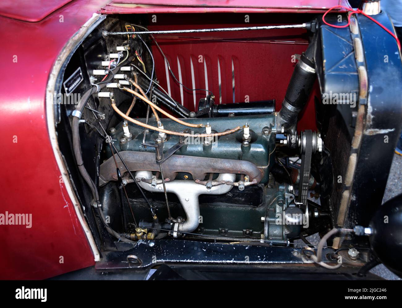 The engine of a 1924 Ford Model T on display at a Fourth of July car show in Santa Fe, New Mexico. Stock Photo