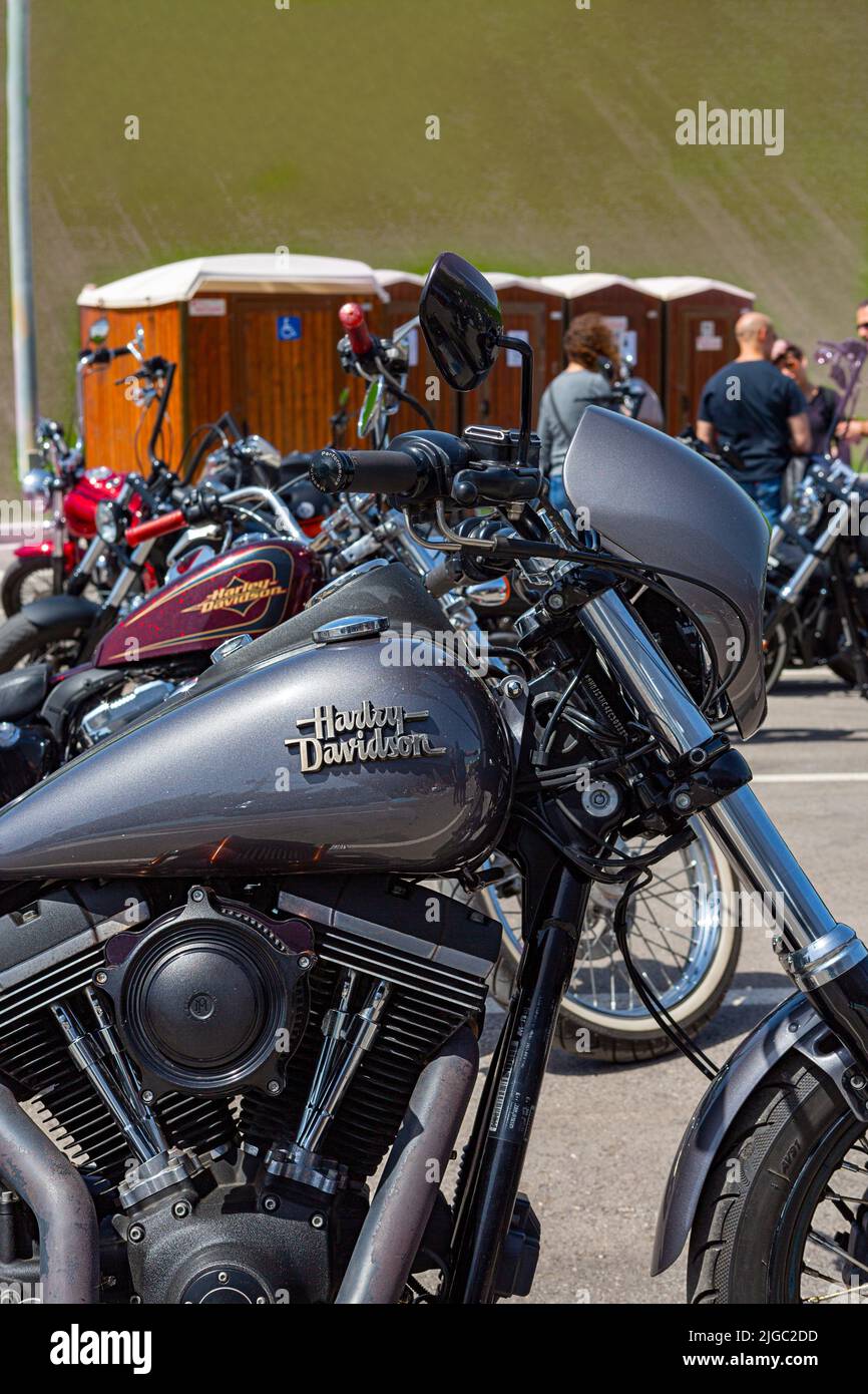 16-04-2020. La Nucia, Alicante, Spain. Motorcycle rally, with close-up of Harley Davidson motorcycle. Stock Photo