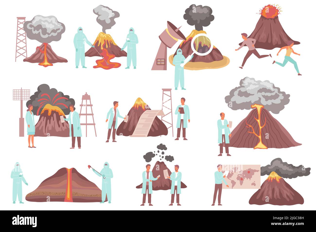 Volcano people science flat set of isolated icons human characters of scientists with equipment analyzing eruptions vector illustration Stock Vector