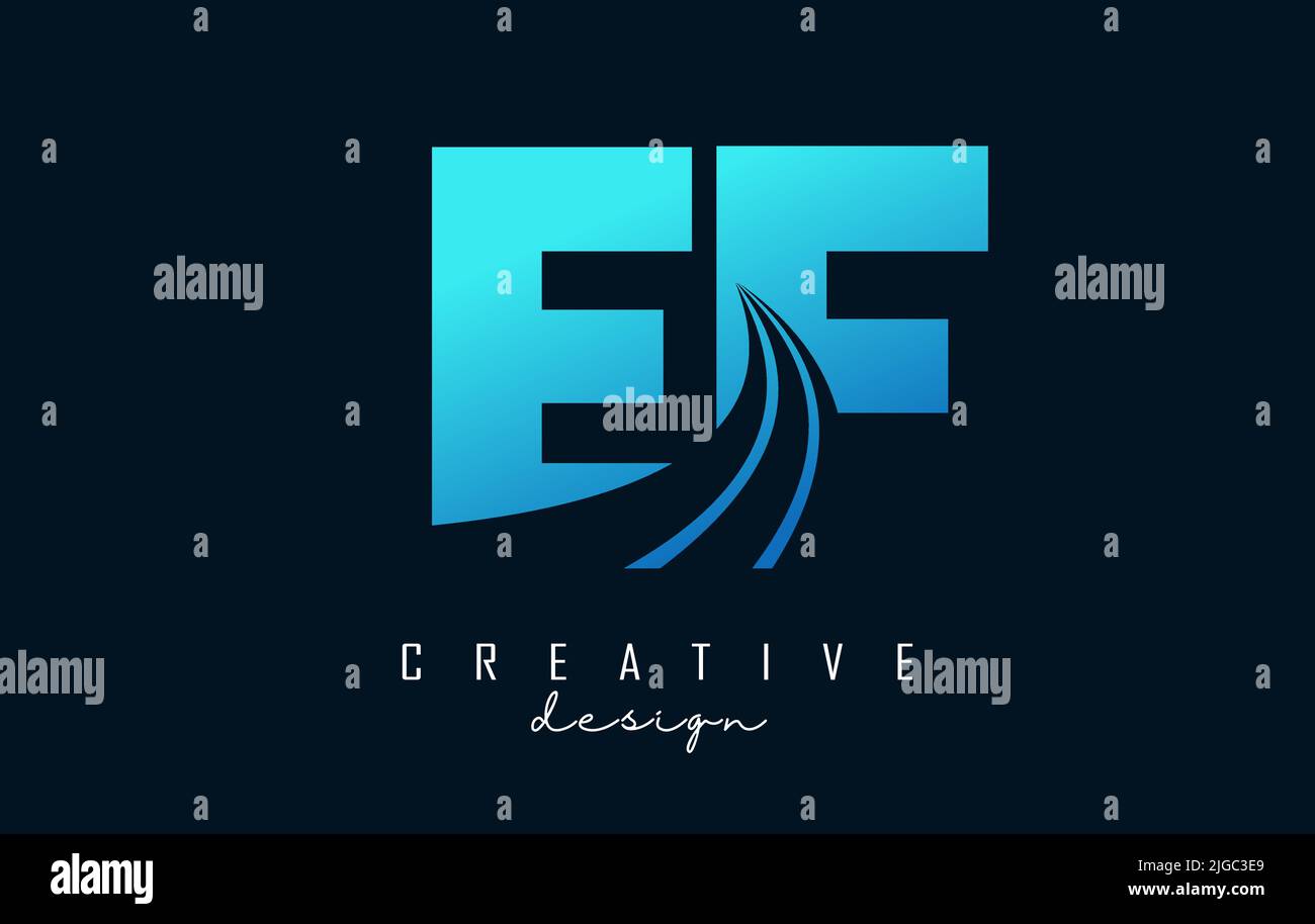 Creative blue letter EF e f logo with leading lines and road concept ...