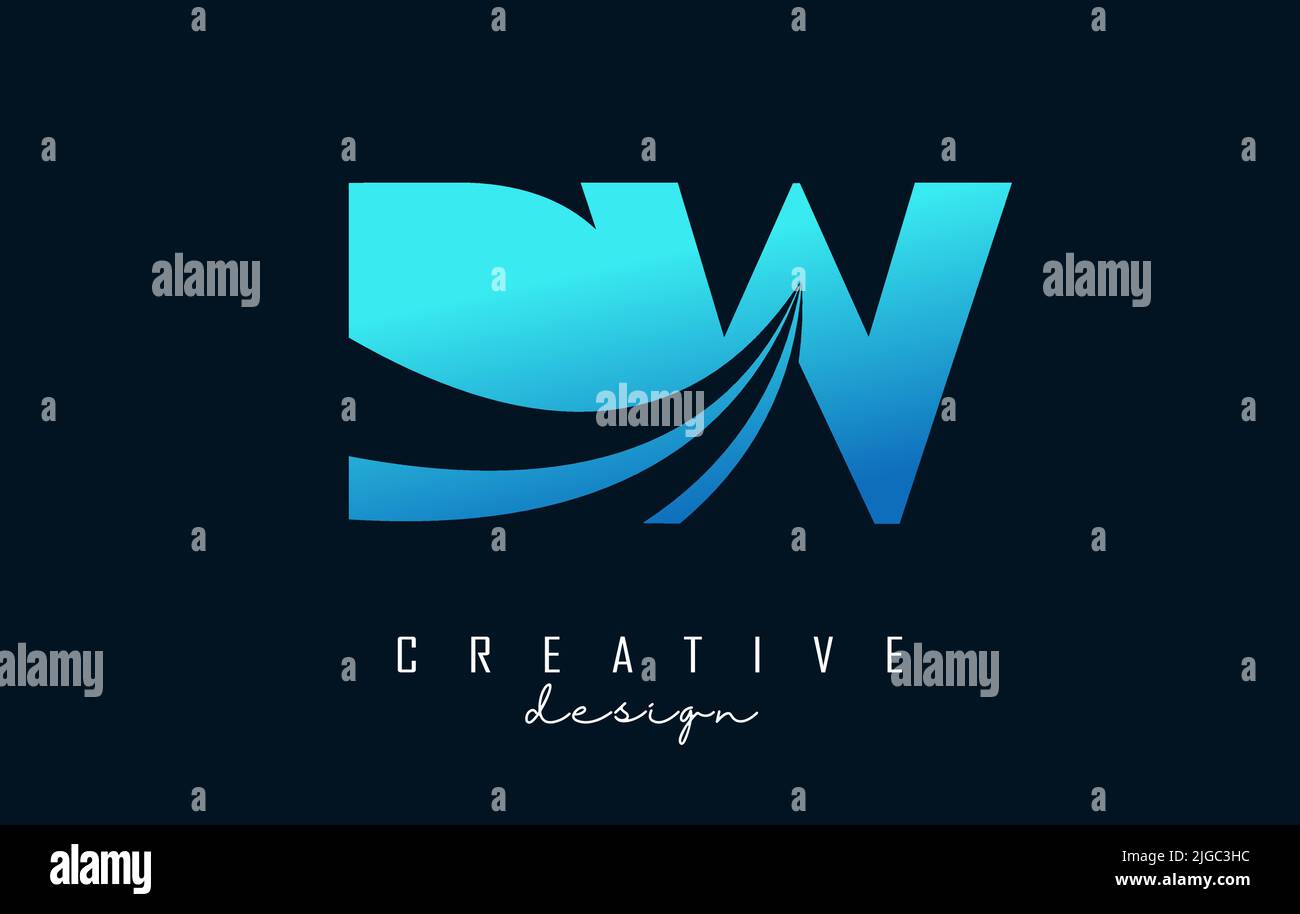 Creative blue letter DW d w logo with leading lines and road concept ...