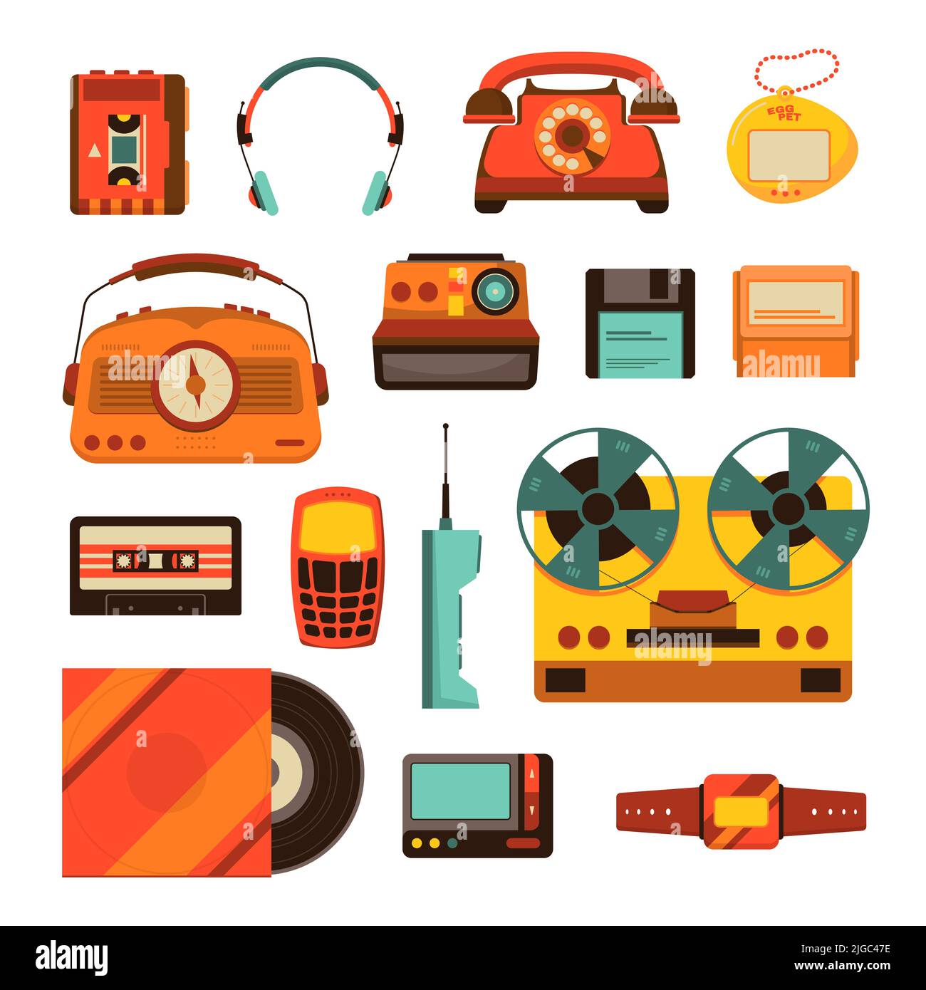 Retro things technology set of isolated icons with radio telephone diskette headphones and cassette with vinyl vector illustration Stock Vector