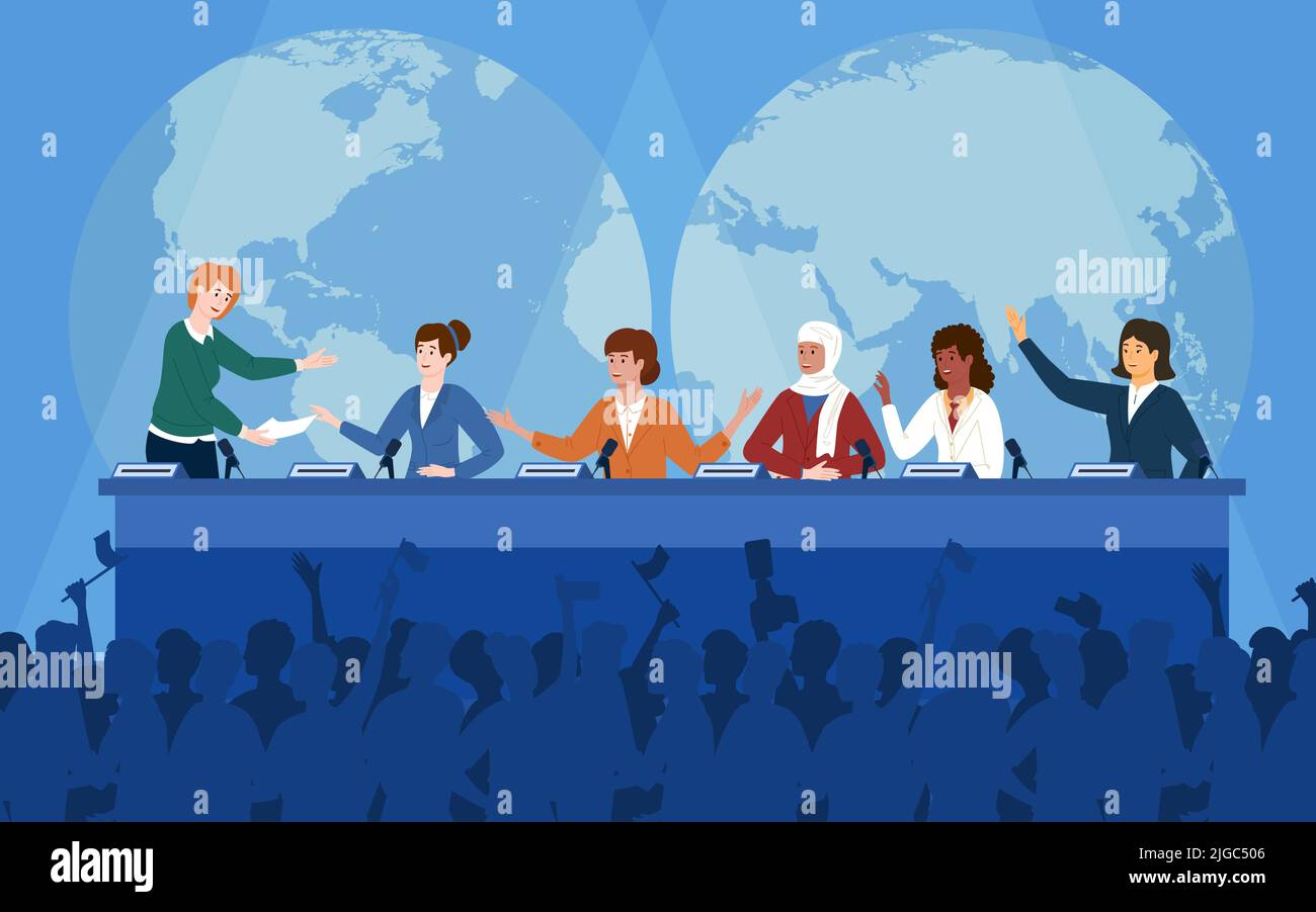 Women politicians from different countries answering questions at press conference in front of audience flat vector illustration Stock Vector