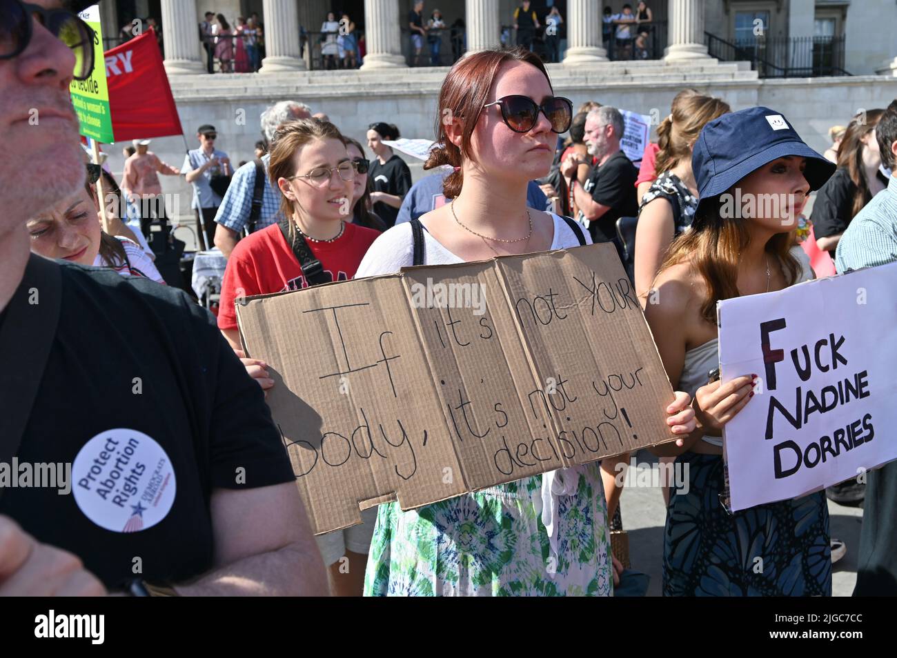 London, UK. 09th July, 2022. Around two hundreds Protest against the recent overturning of Roe v Wade in the US! . Protestors are for Abortion Rights "We will not go back" rally at Trafalgar square, march to US embassy, London, UK. 9 July 2022. Credit: See Li/Picture Capital/Alamy Live News Stock Photo