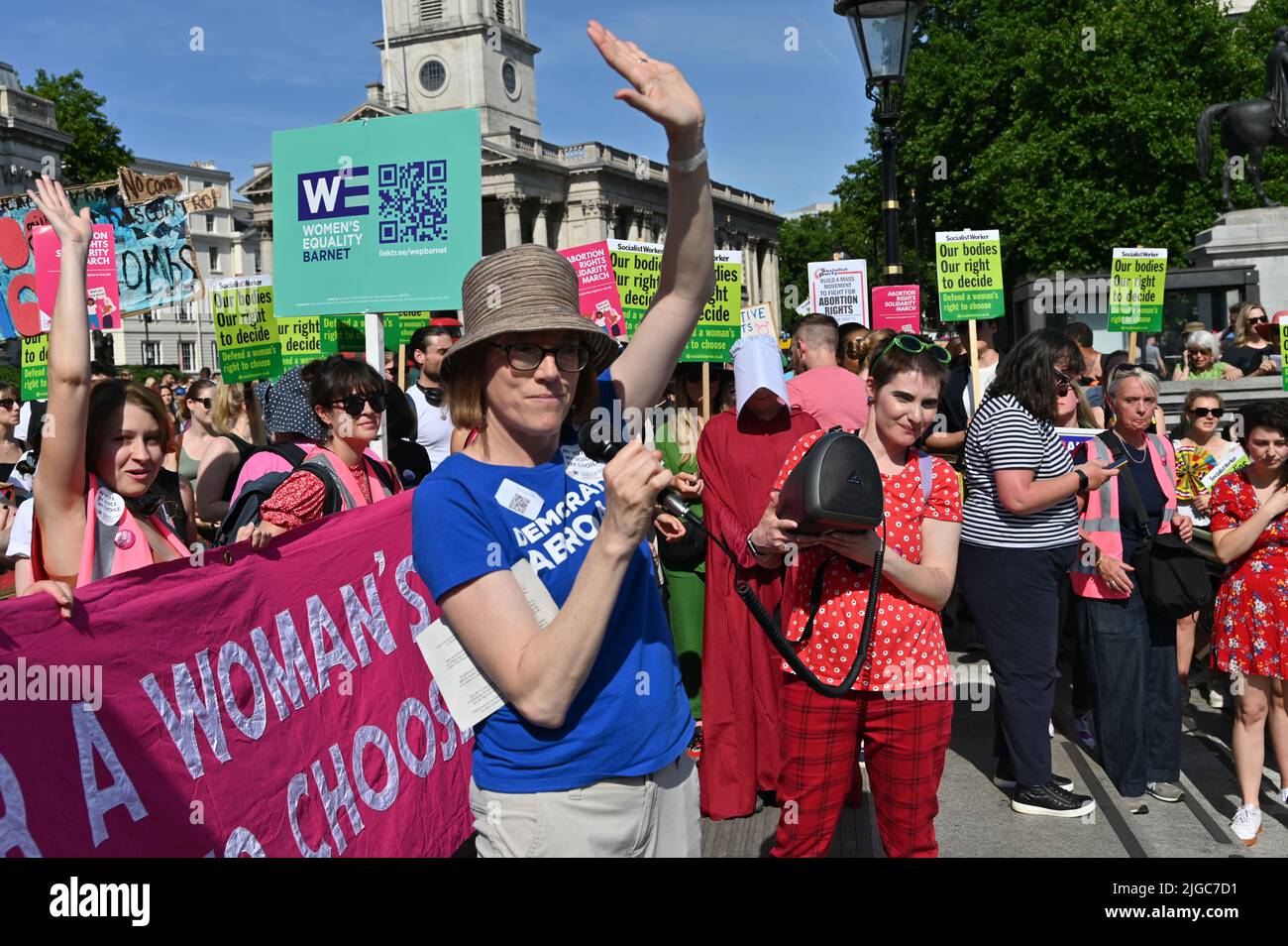 London, UK. 09th July, 2022. Around two hundreds Protest against the recent overturning of Roe v Wade in the US! . Protestors are for Abortion Rights 'We will not go back' rally at Trafalgar square, march to US embassy, London, UK. 9 July 2022. Credit: See Li/Picture Capital/Alamy Live News Stock Photo
