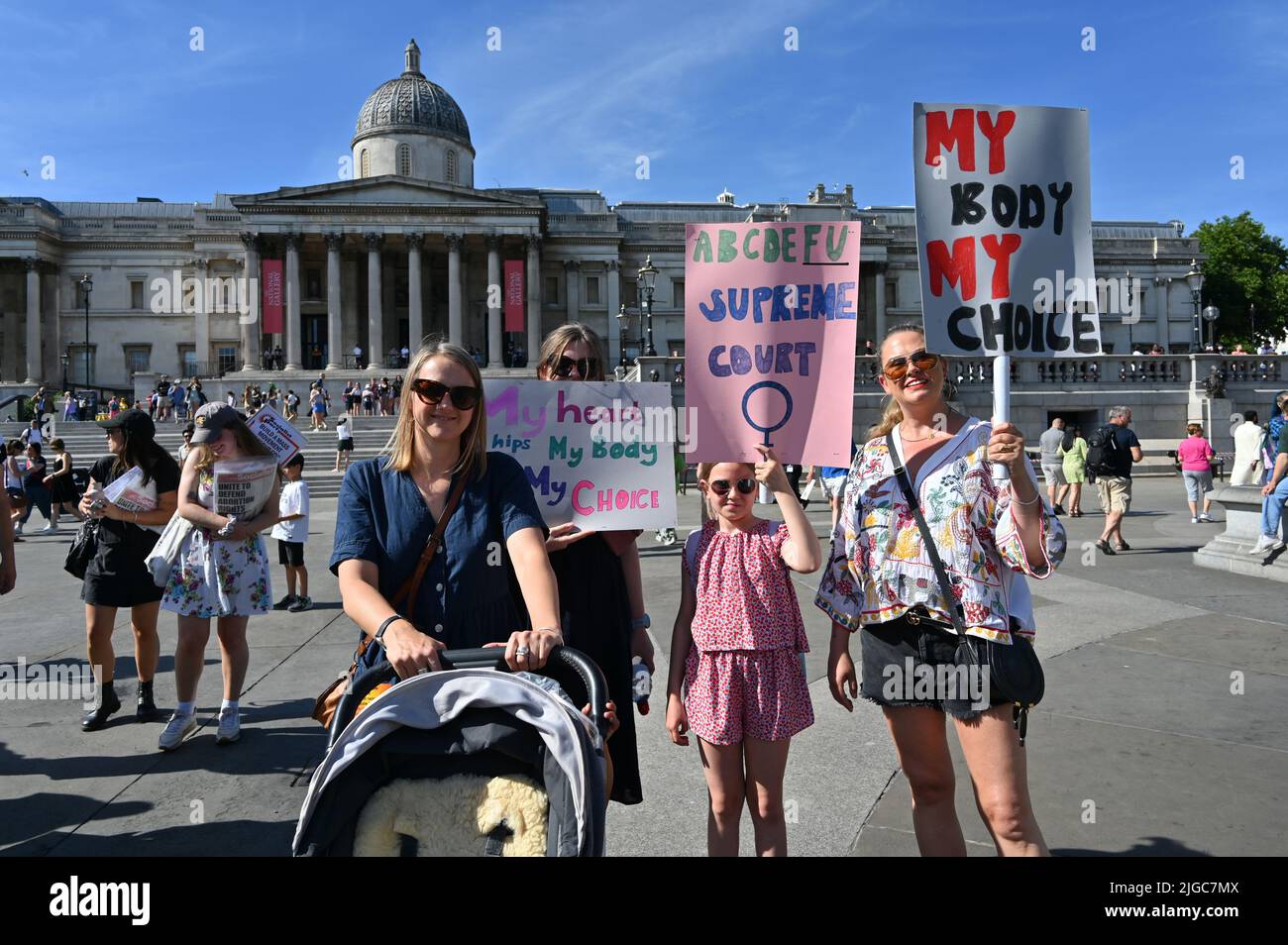 London, UK. 09th July, 2022. Around two hundreds Protest against the recent overturning of Roe v Wade in the US! . Protestors are for Abortion Rights 'We will not go back' rally at Trafalgar square, march to US embassy, London, UK. 9 July 2022. Credit: See Li/Picture Capital/Alamy Live News Stock Photo