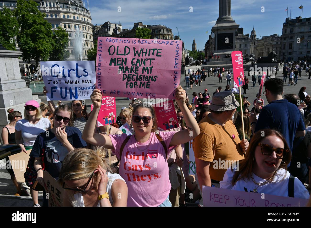 London, UK. 09th July, 2022. Around two hundreds Protest against the recent overturning of Roe v Wade in the US! . Protestors are for Abortion Rights 'We will not go back' rally at Trafalgar square, march to US embassy, London, UK. 9 July 2022. Credit: See Li/Picture Capital/Alamy Live News Stock Photo