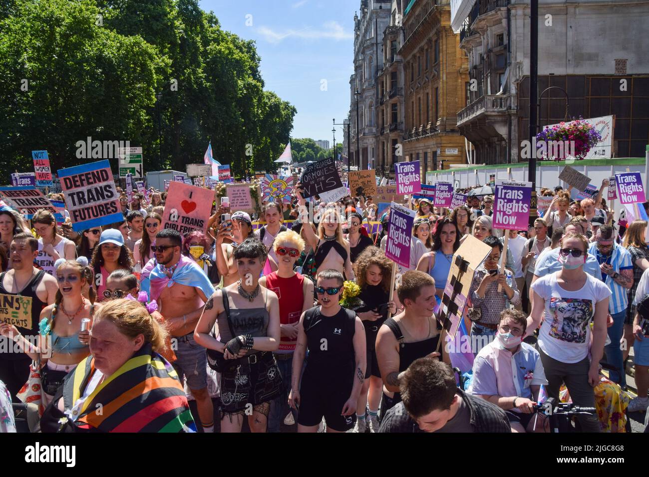London, UK. 9th July 2022. Protesters pass through Piccadilly next to ...