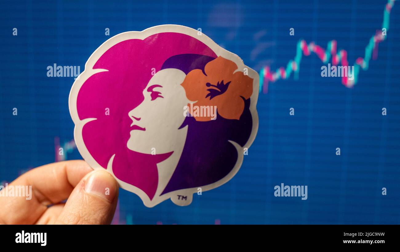 November 10, 2021, Honolulu, USA. The emblem of Hawaiian Airlines against the background of a stock price chart. Stock Photo