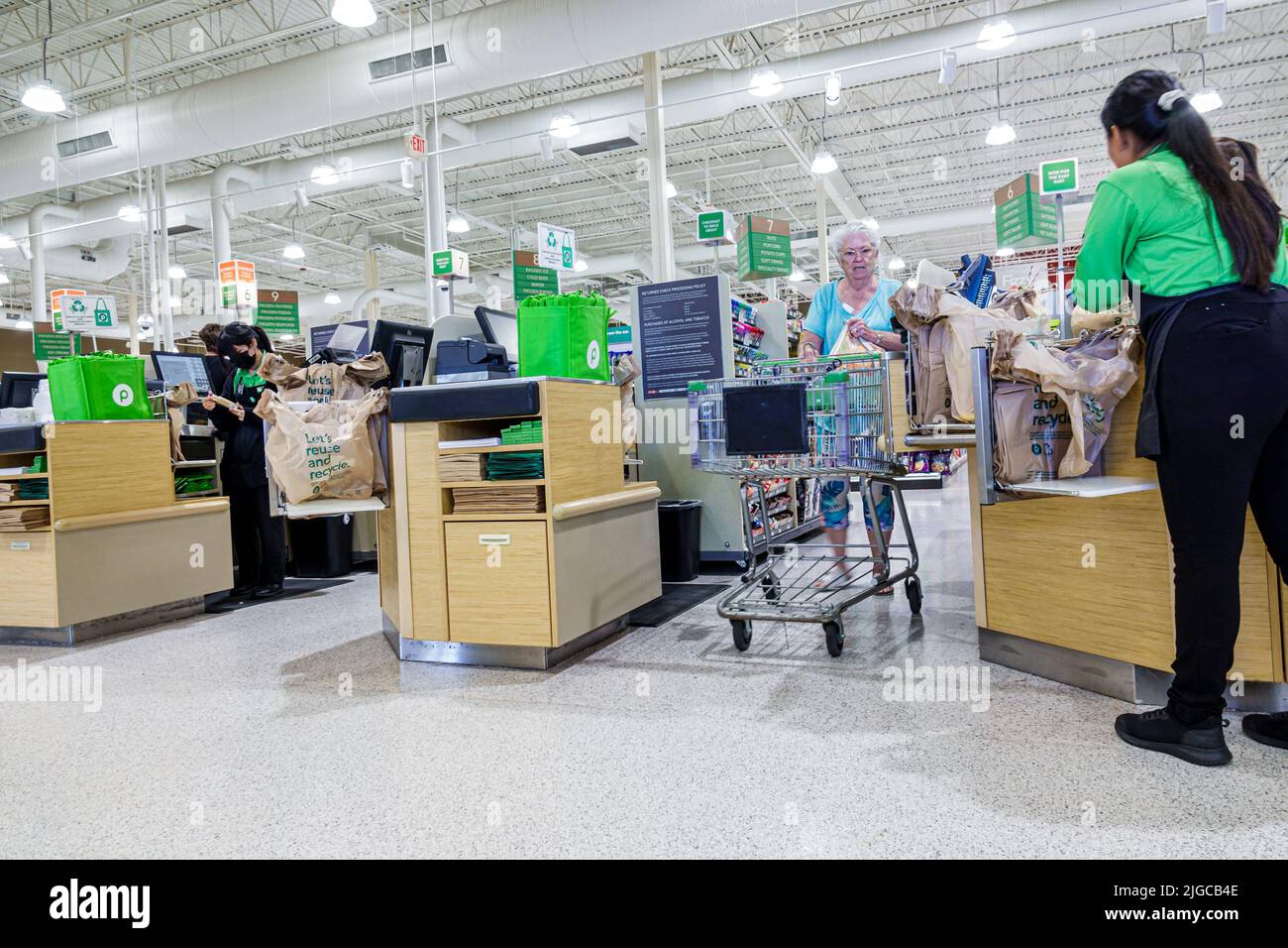 Bonita Springs Florida,Publix grocery store supermarket groceries food inside interior,checkout line queue cashiers baggers working workers employees, Stock Photo
