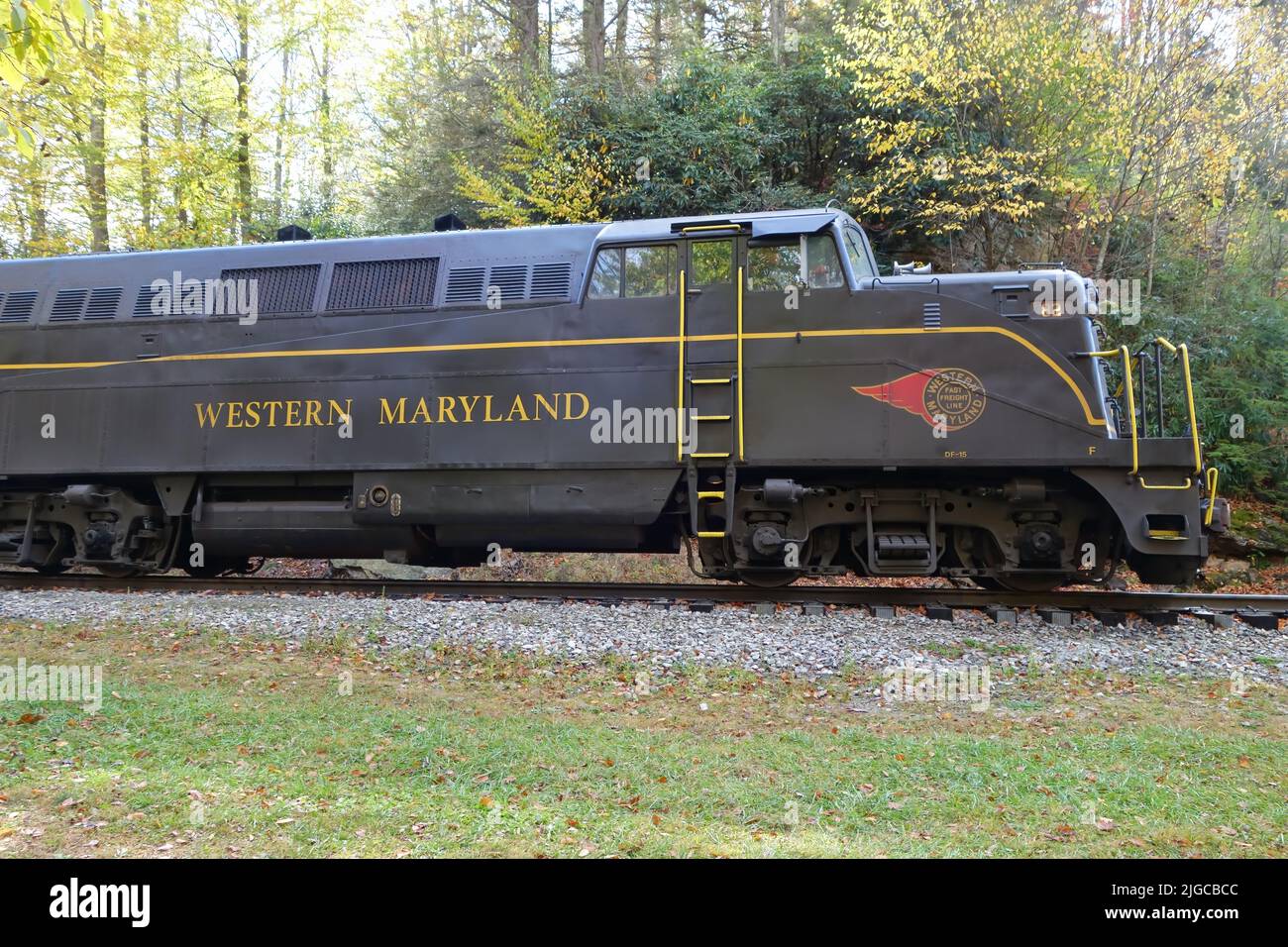 The New Tygart Flyer vintage diesel-powered train locomotive out of Elkins, West Virginia, United States Stock Photo