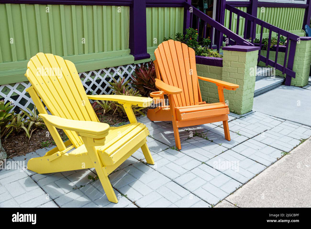 Punta Gorda Florida,Historic District Adirondack chairs chair,Splash of Madness Coastal Beautique Stock Photo