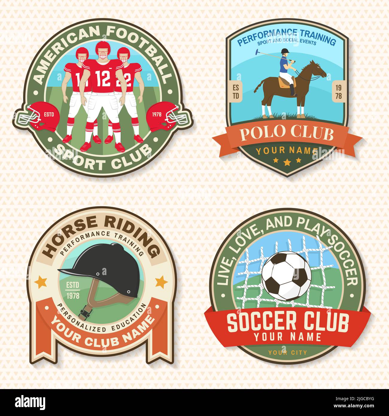 Set of american football, soccer, polo and horse riding club embroidery