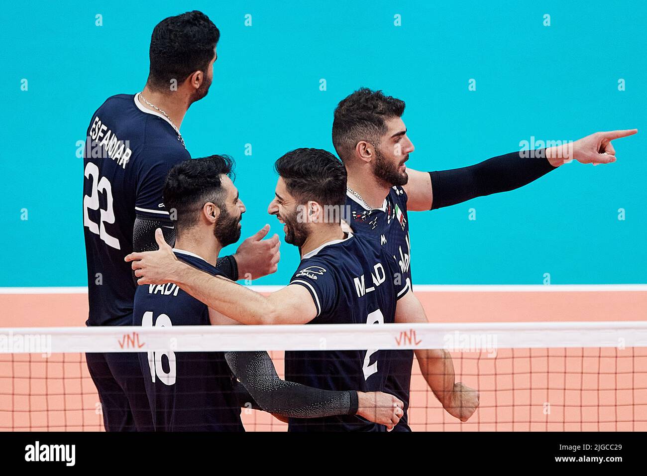 Players of Iran react during the 2022 men's FIVB Volleyball Nations League match between Iran and Serbia in Gdansk, Poland. 09th July, 2022. Credit: PAP/Alamy Live News Stock Photo