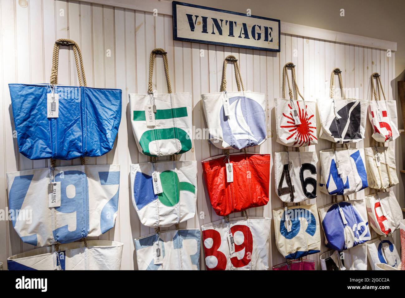 Punta Gorda Florida,Fishermen's Village shopping dining complex,Sea Bags Maine handbags repurposed made from recycled sails sustainability,inside inte Stock Photo