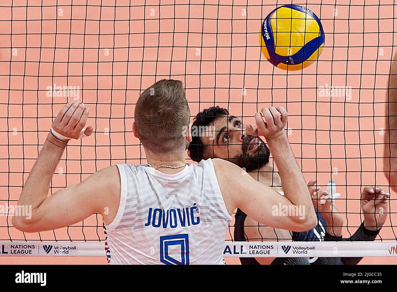 Gdansk, Poland. 09th July, 2022. Esmaeilnezhad Amin (R) of Iran and Nikola Jovovic (L) of Serbia during the 2022 men's FIVB Volleyball Nations League match between Iran and Serbia in Gdansk, Poland, 09 July 2022. Credit: PAP/Alamy Live News Stock Photo
