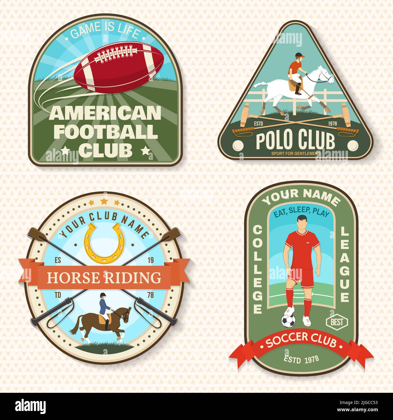 Set of american football, soccer, polo and horse riding club embroidery