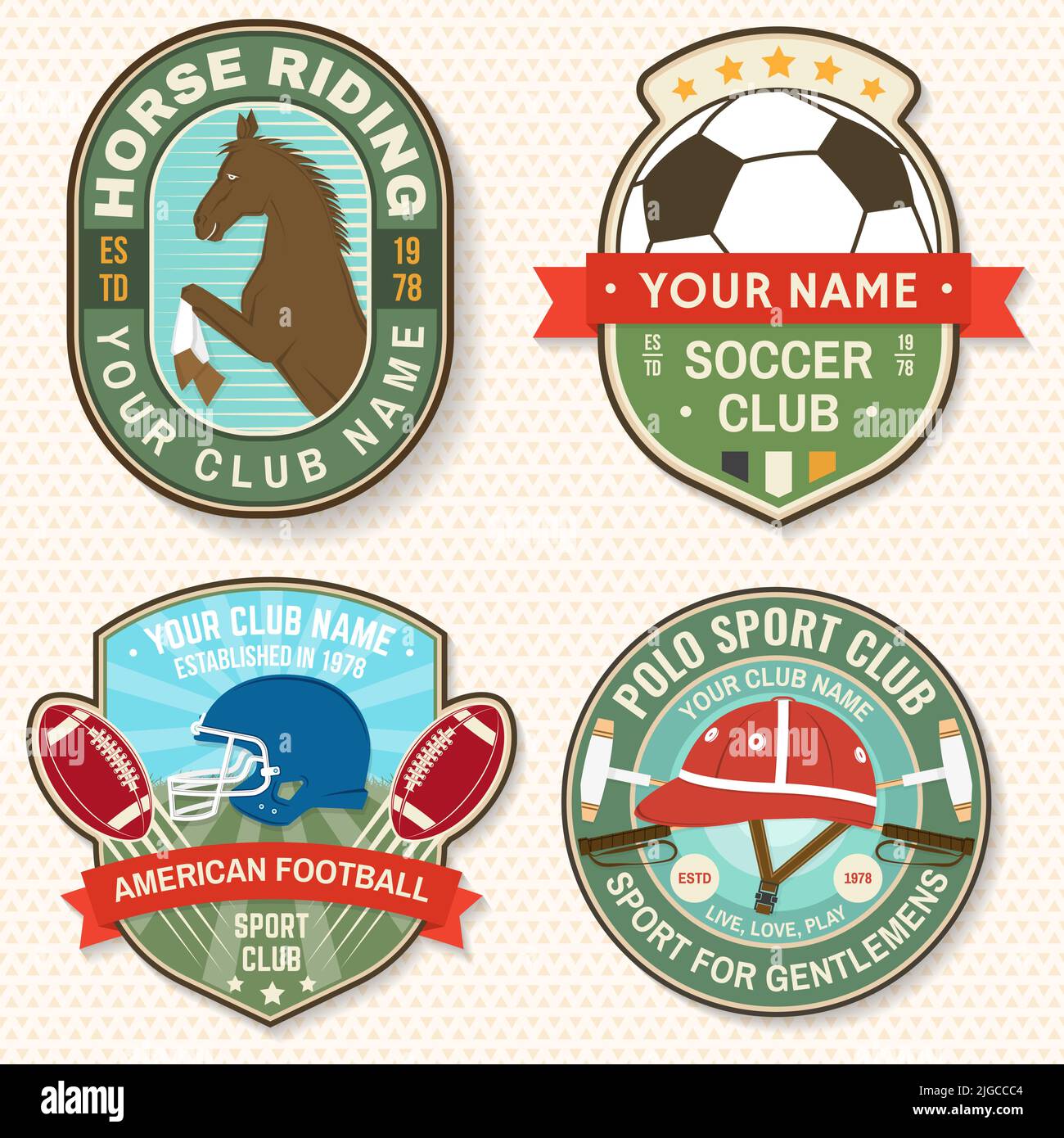 Set of american football, soccer, polo and horse riding club embroidery