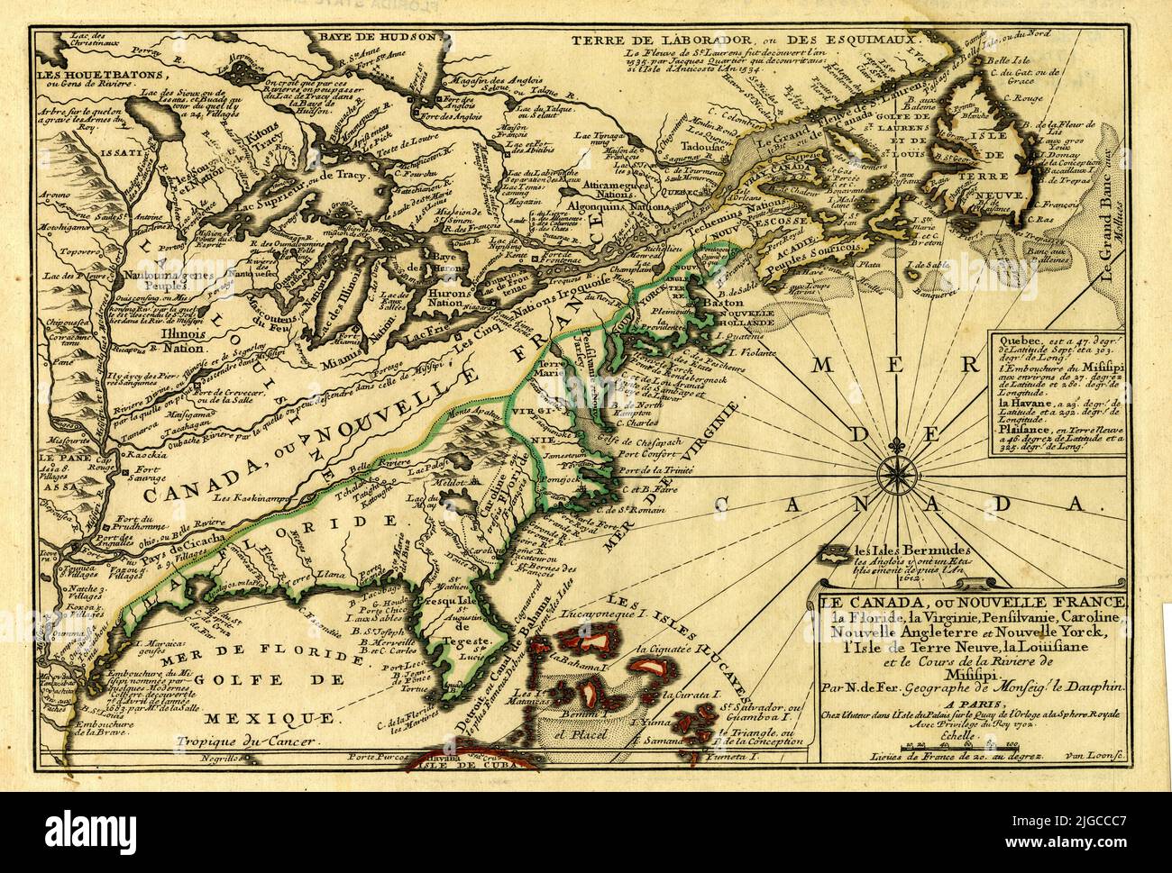 French Map of Canada, or New France, and the English Colonies, Florida, Virginia, Pennsylvania, New York, Carolinas, 1702, by Nicolas de Fer Stock Photo