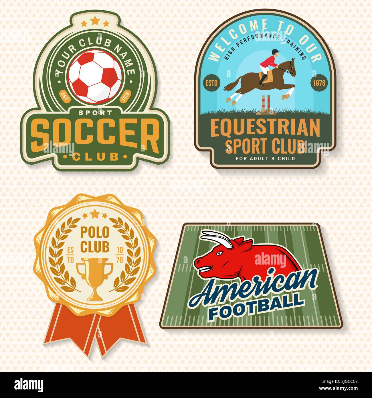 Set of american football, soccer, polo and horse riding club embroidery