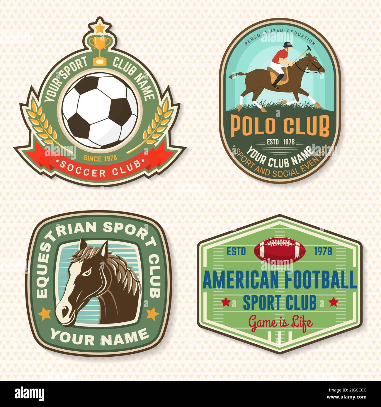 Set of american football, soccer, polo and horse riding club embroidery