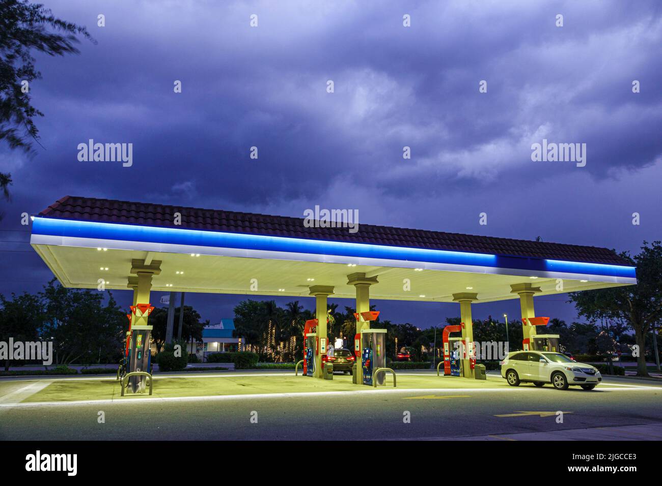 Fort Ft. Myers Florida,gas petrol station night canopy Stock Photo