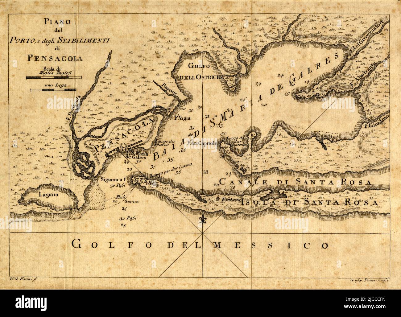 Map of the Port and Settlement of Pensacola, 1763, by Violante Vanni. Italian language Stock Photo