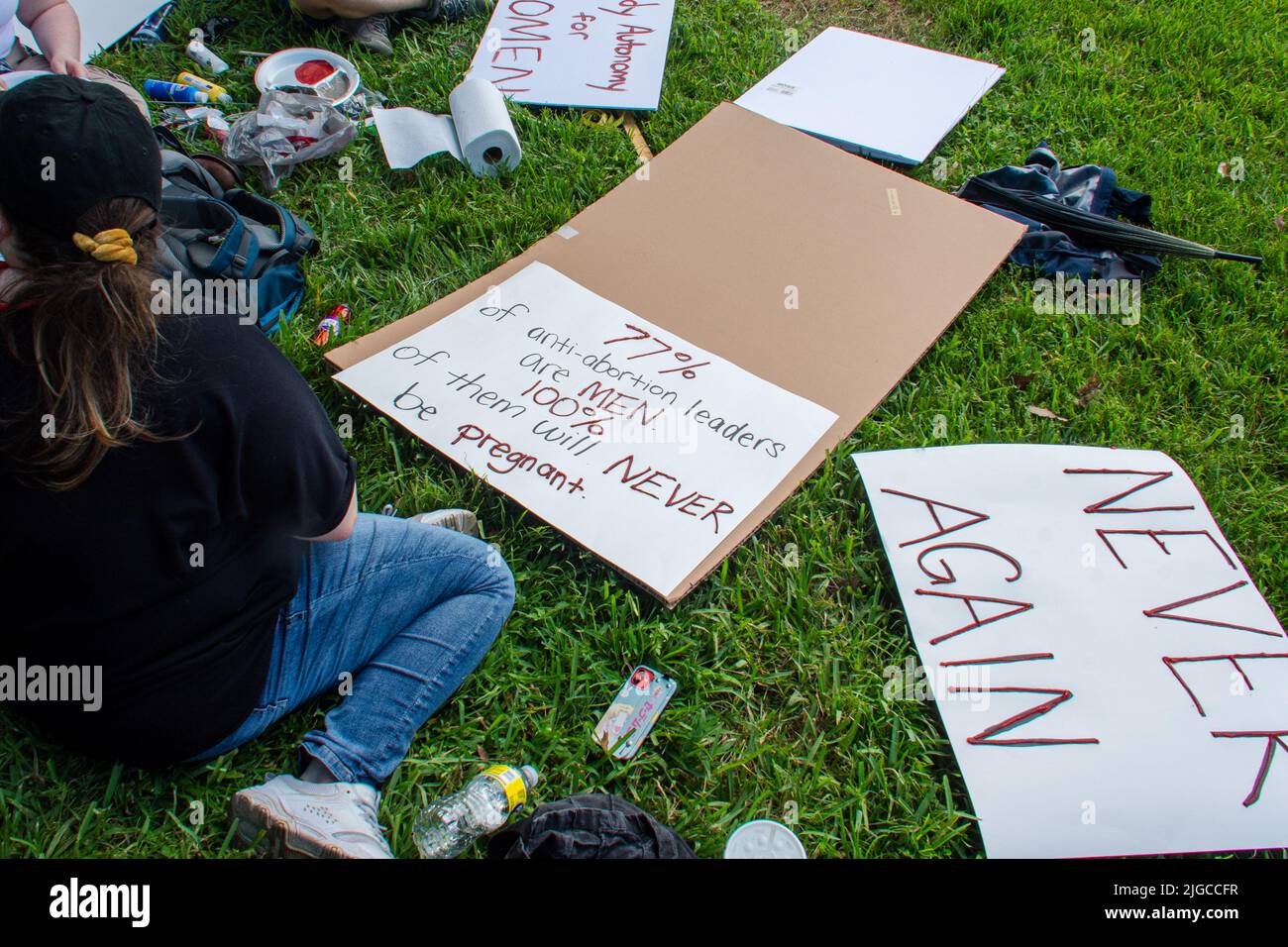 Young pro-abortion activists are preparing their placards for the demonstration march against restrictions imposed in many states. Stock Photo