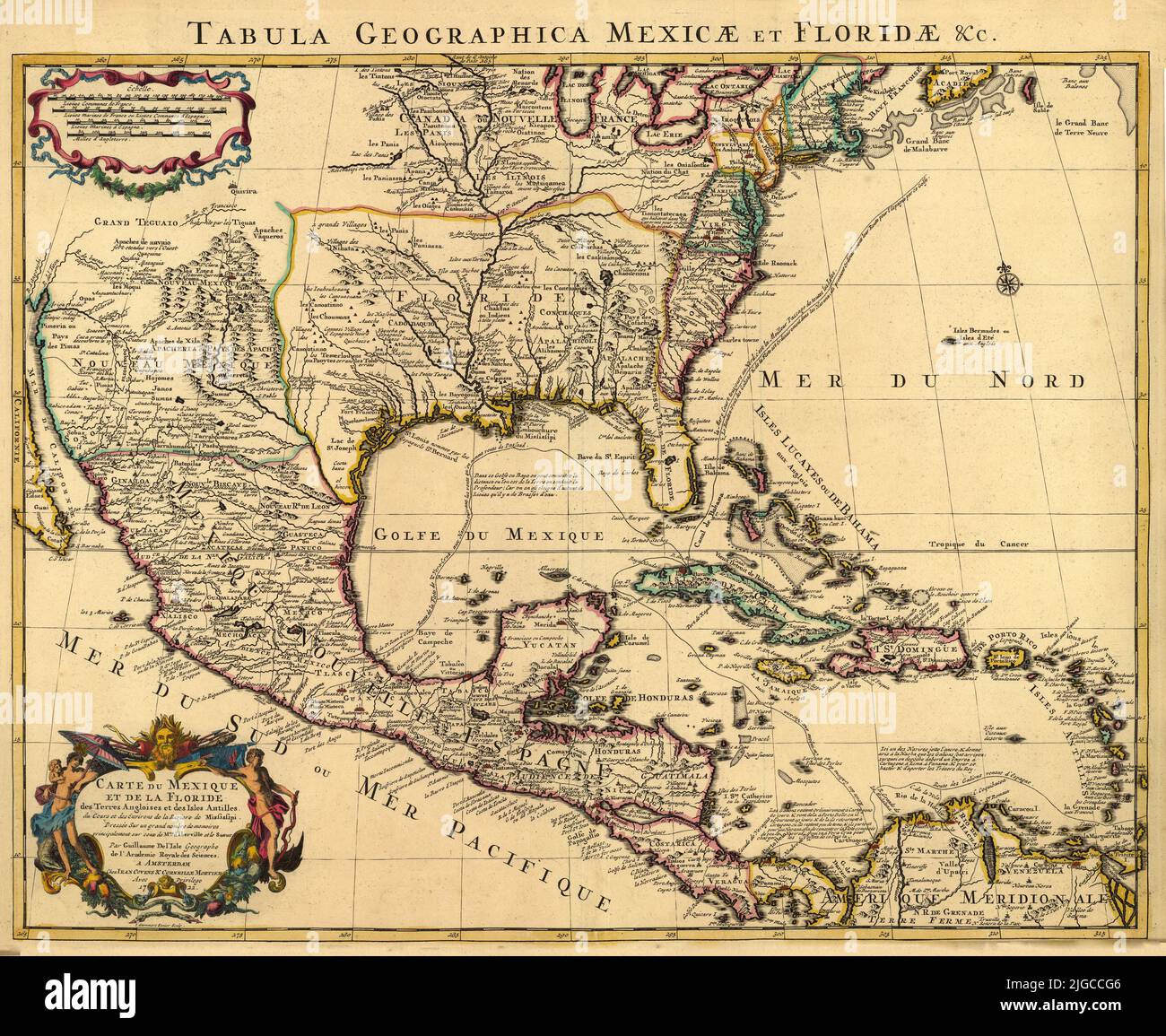 French Map of Mexico and Florida, 1722, by Guillaume de L'Isle Stock Photo