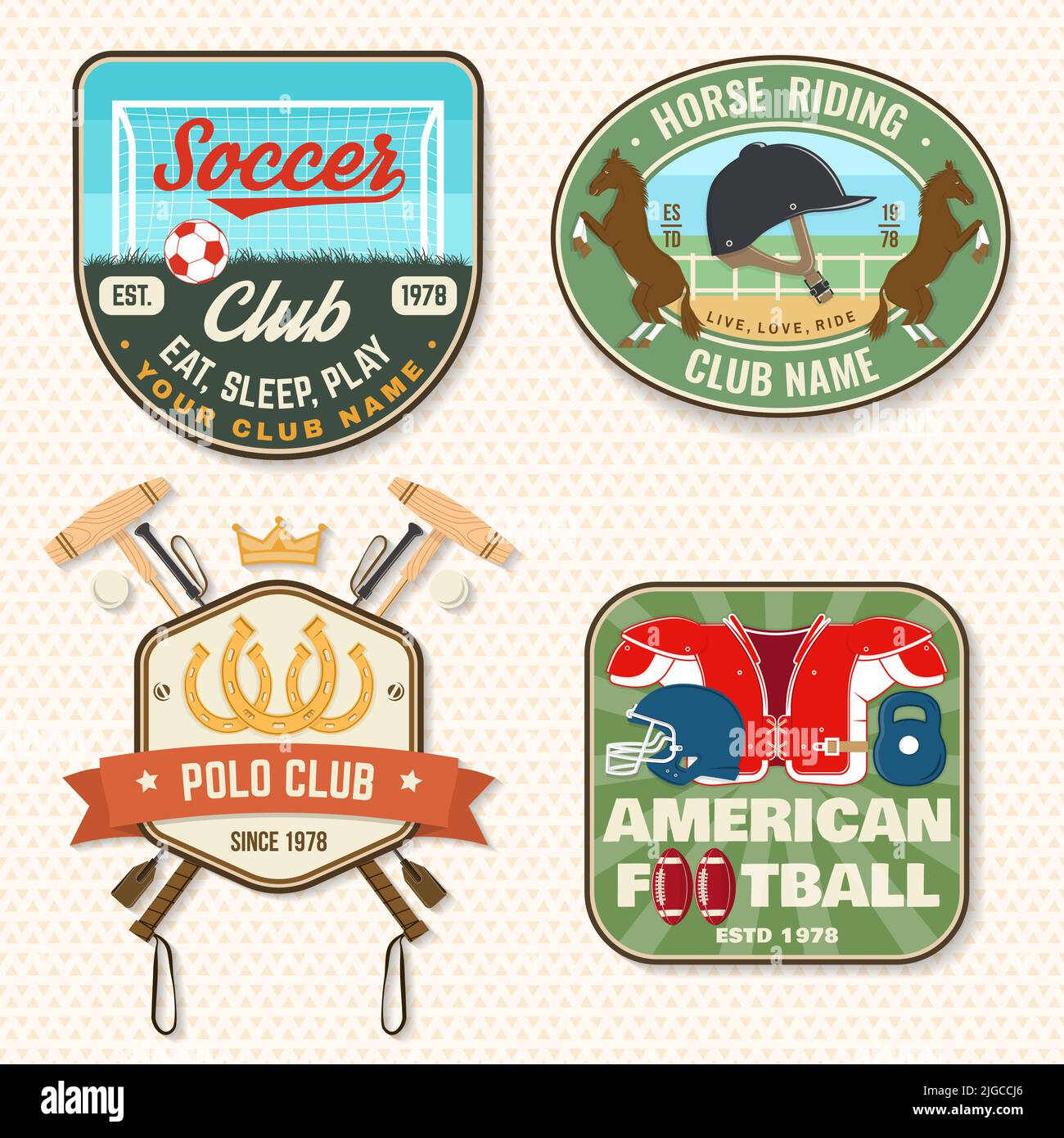Set of american football, soccer, polo and horse riding club embroidery