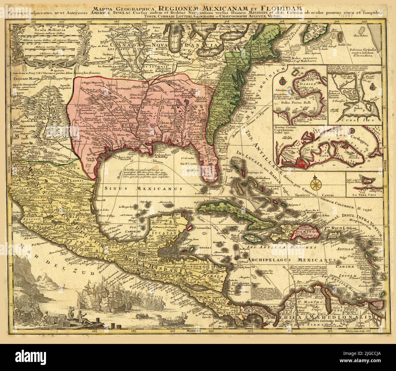 German map of Mexico and Florida, 1739, by Matthaeus Seutter Stock Photo