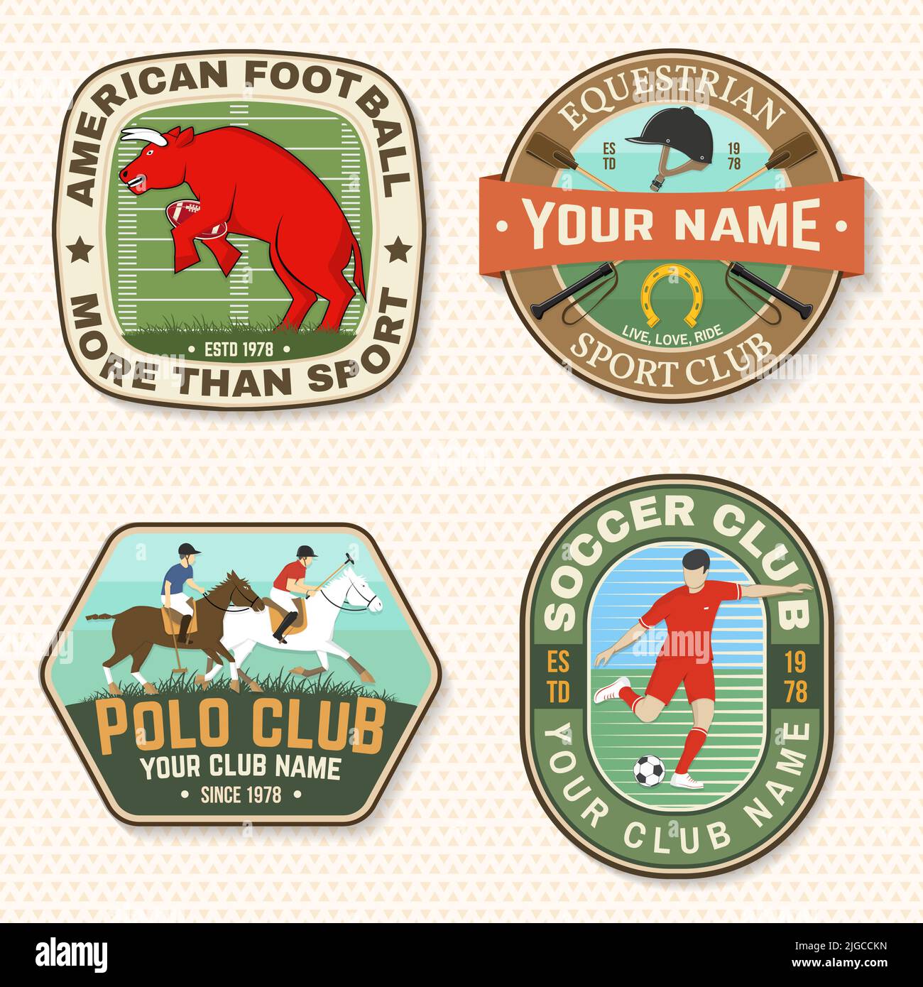 Set of american football, soccer, polo and horse riding club embroidery