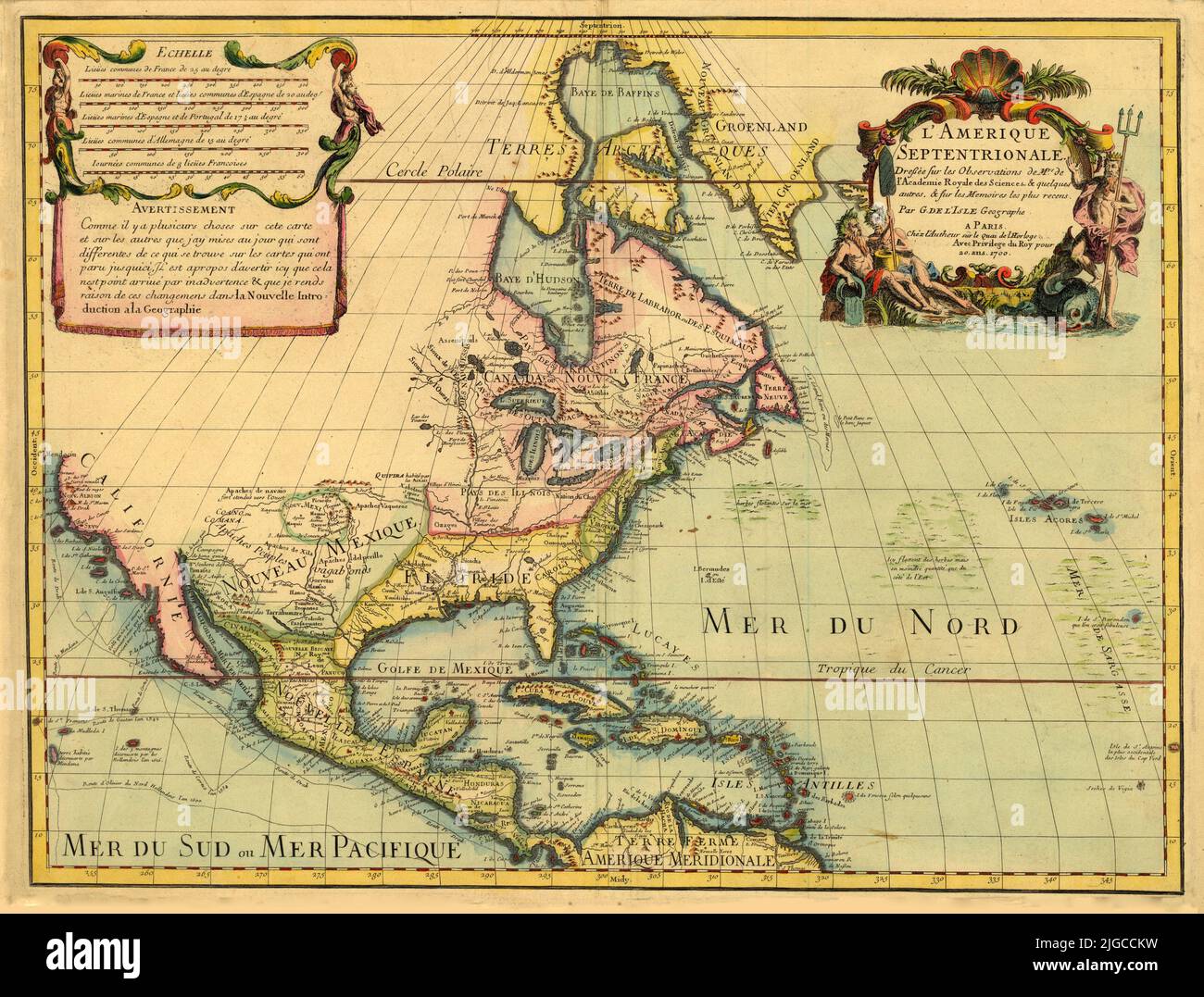 Dutch Map of North and Central America, including Canada, Florida, New Mexico, California, 1700, by Guillaume de L'Isle Stock Photo