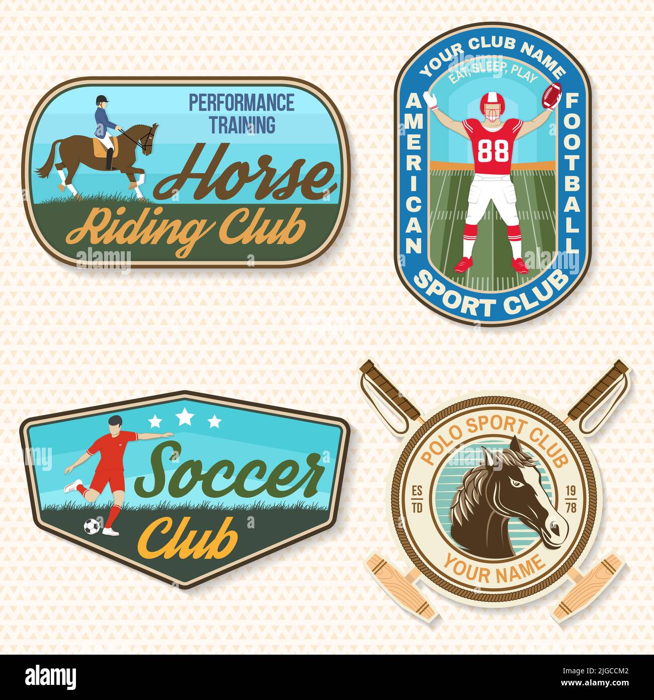 Set of american football, soccer, polo and horse riding club embroidery