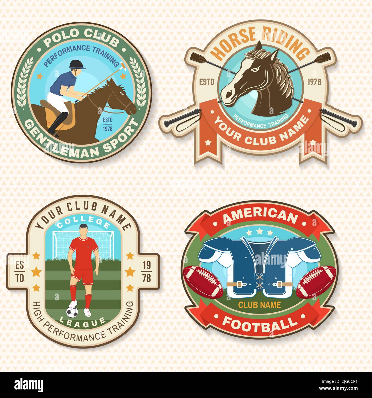 Set of american football, soccer, polo and horse riding club embroidery