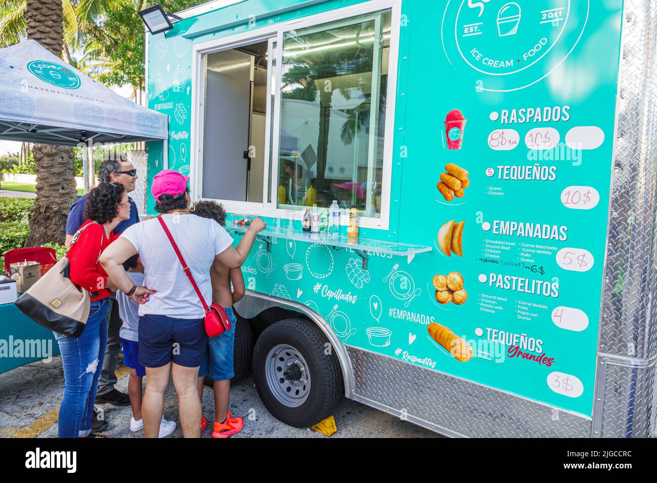 Miami Beach Florida,Ocean Terrace Fire on the Fourth 4th of July Festival event celebration,Hispanic food truck family window ordering Stock Photo