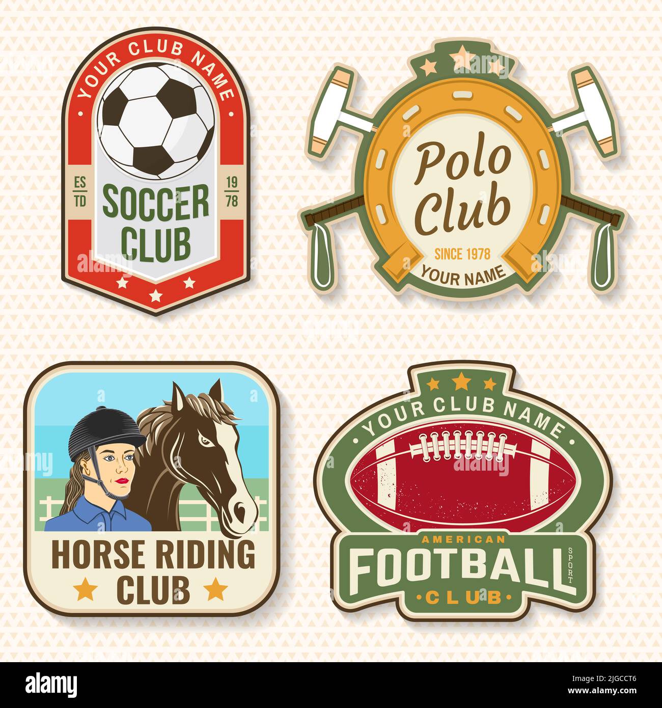 Set of american football, soccer, polo and horse riding club embroidery