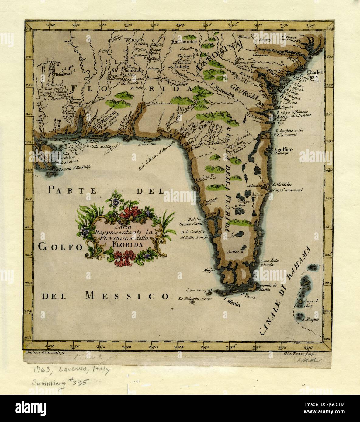 Map of the Peninsula of Florida, 1763, by Andrea Scacciati. Italian language Stock Photo