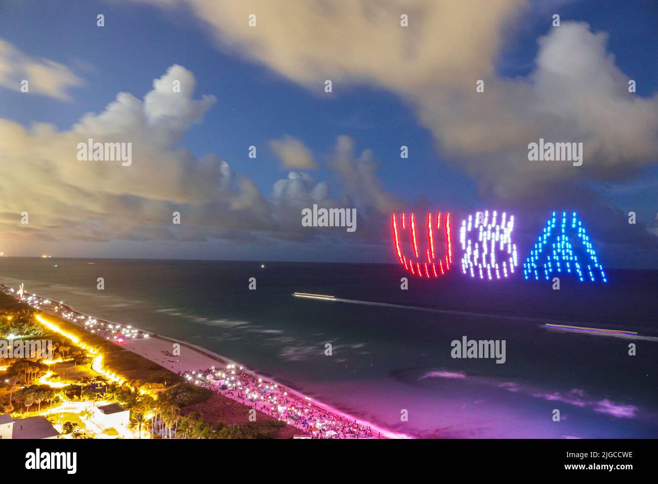 Miami Beach Florida,Ocean Terrace Fire on the Fourth 4th of July Festival event celebration,drone light show drones forming USA,aerial overhead view o Stock Photo