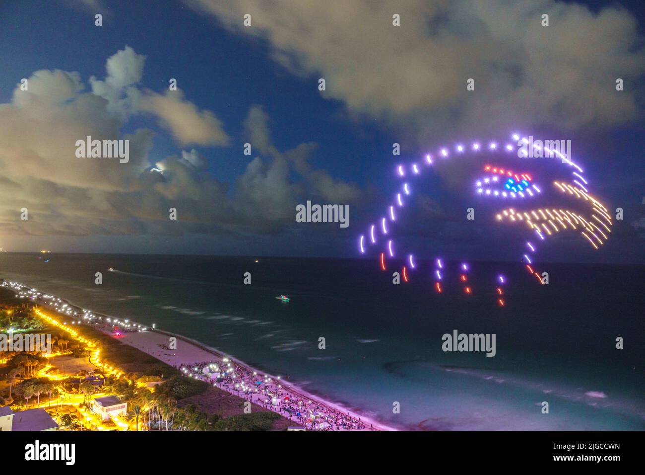 Miami Beach Florida,Ocean Terrace Fire on the Fourth 4th of July Festival event celebration,drone light show drones forming bald eagle,aerial overhead Stock Photo