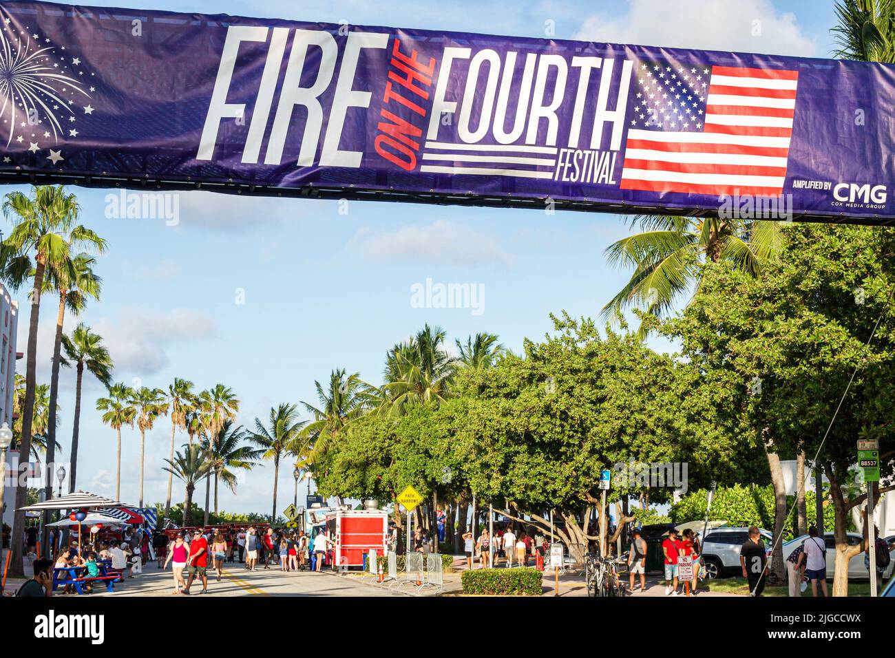 Miami Beach Florida,Ocean Terrace Fire on the Fourth 4th of July Festival event celebration,banner Stock Photo
