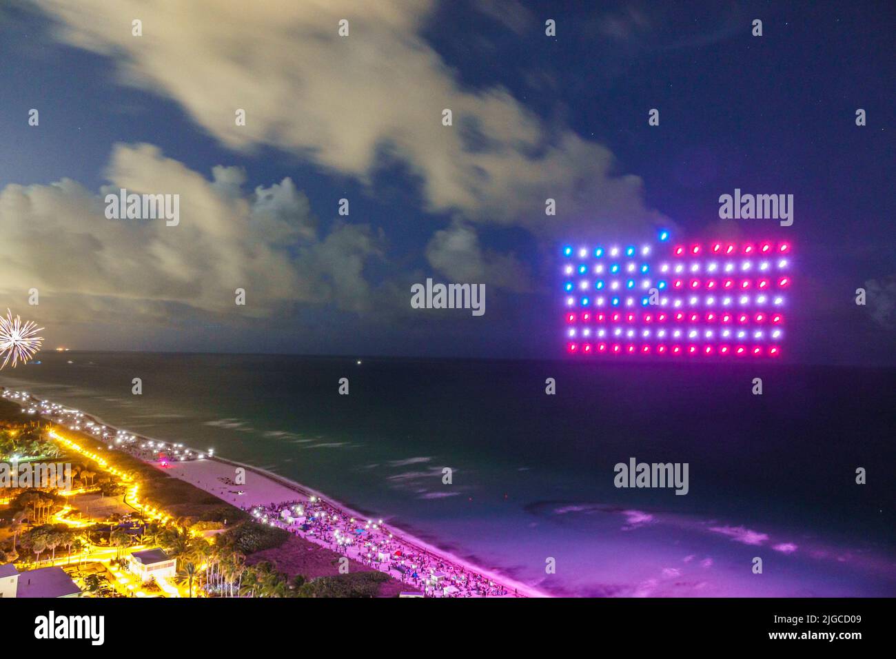 Miami Beach Florida,Ocean Terrace Fire on the Fourth 4th of July Festival event celebration,drone light show drones forming US flag,aerial overhead vi Stock Photo