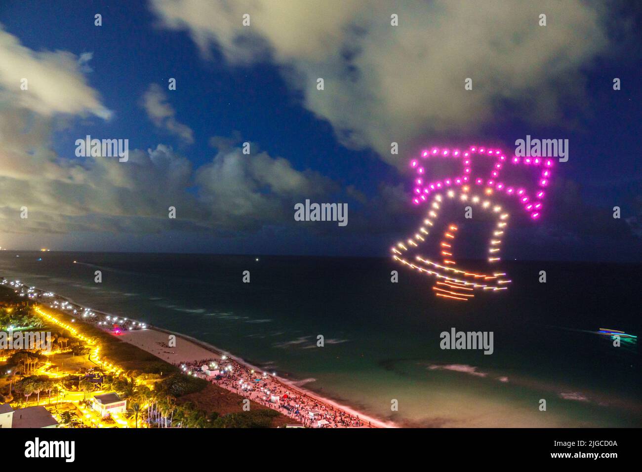Miami Beach Florida,Ocean Terrace Fire on the Fourth 4th of July Festival event celebration,drone light show drones forming Liberty Bell,aerial overhe Stock Photo