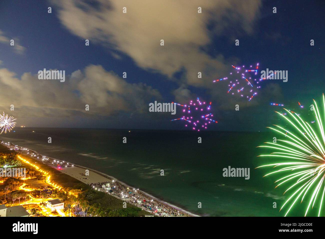 Miami Beach Florida,Ocean Terrace Fire on the Fourth 4th of July Festival event celebration,drone light show drones,aerial overhead view over Atlantic Stock Photo