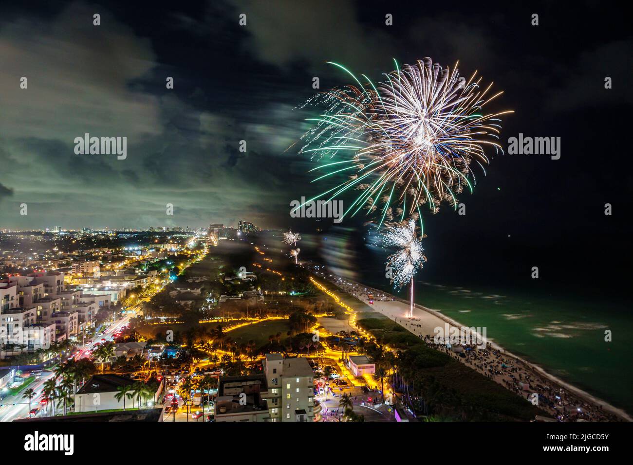 Miami Beach Florida,Ocean Terrace Fire on the Fourth 4th of July Festival event celebration,fireworks burst display aerial overhead view over Atlantic Stock Photo